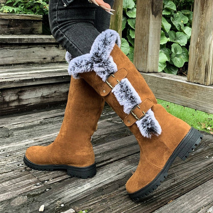 Harper | Women's Faux-Suede Fur-Trim Buckle Knee High Boots — 5