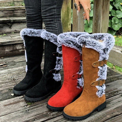 Harper | Women's Faux-Suede Fur-Trim Buckle Knee High Boots — 6