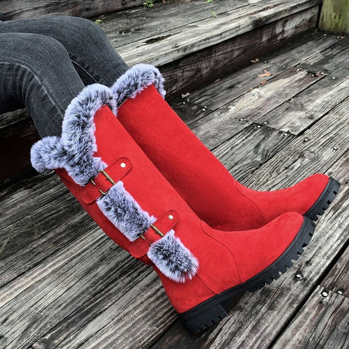 Harper | Women's Faux-Suede Fur-Trim Buckle Knee High Boots — 7
