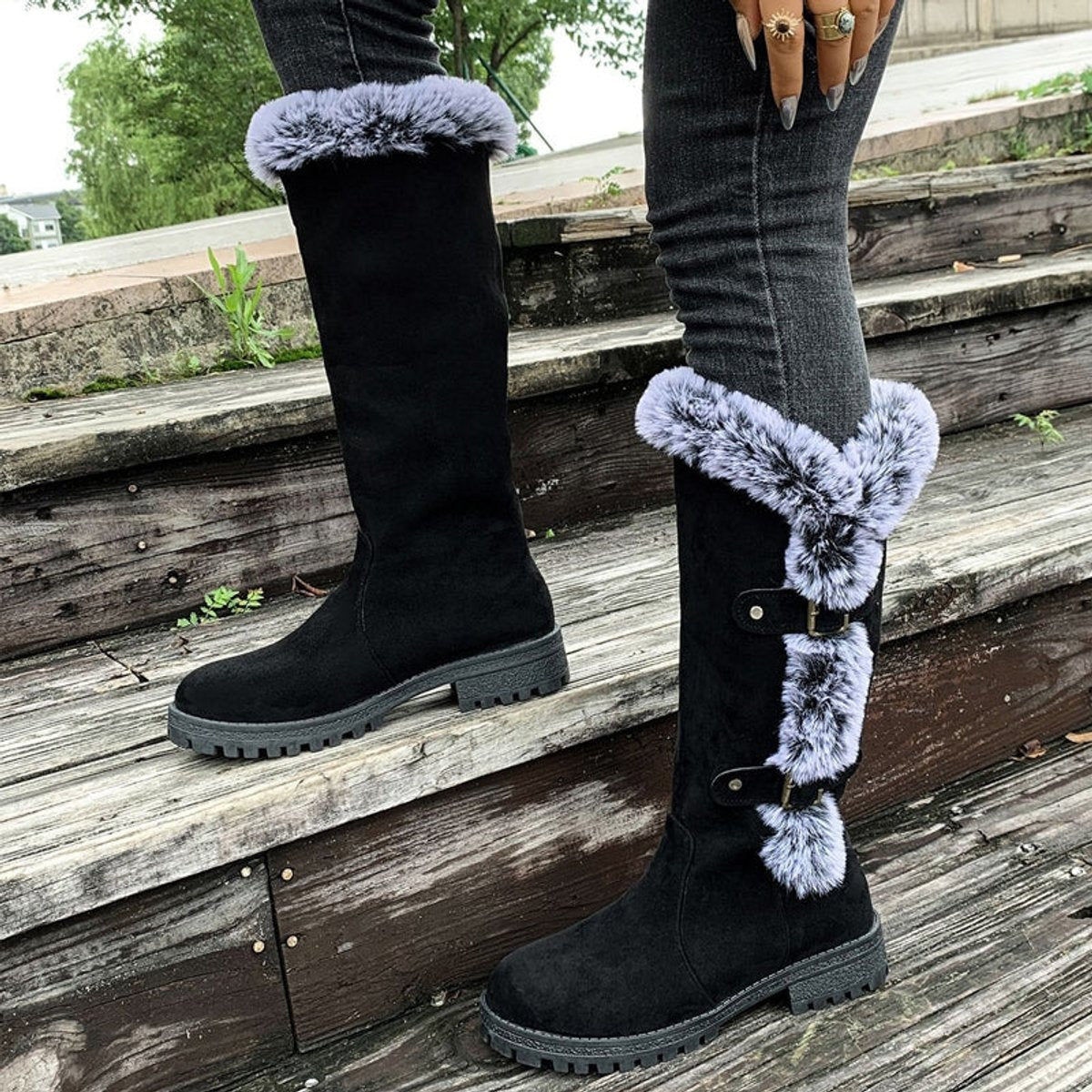 Harper | Women's Faux-Suede Fur-Trim Buckle Knee High Boots — 8
