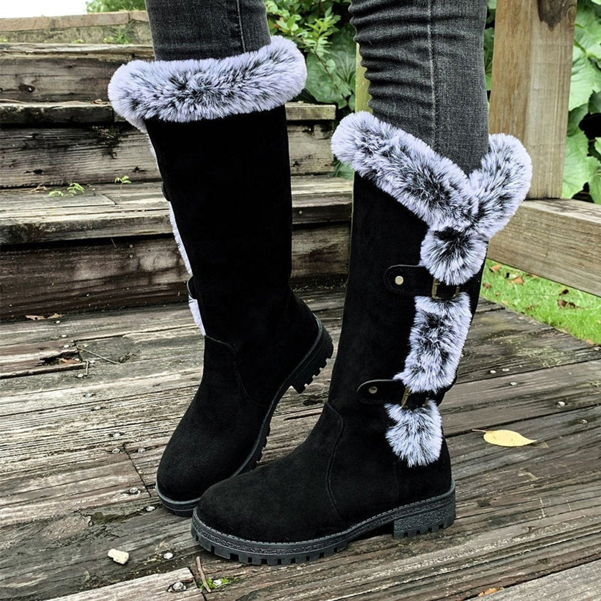 Harper | Women's Faux-Suede Fur-Trim Buckle Knee High Boots — 9