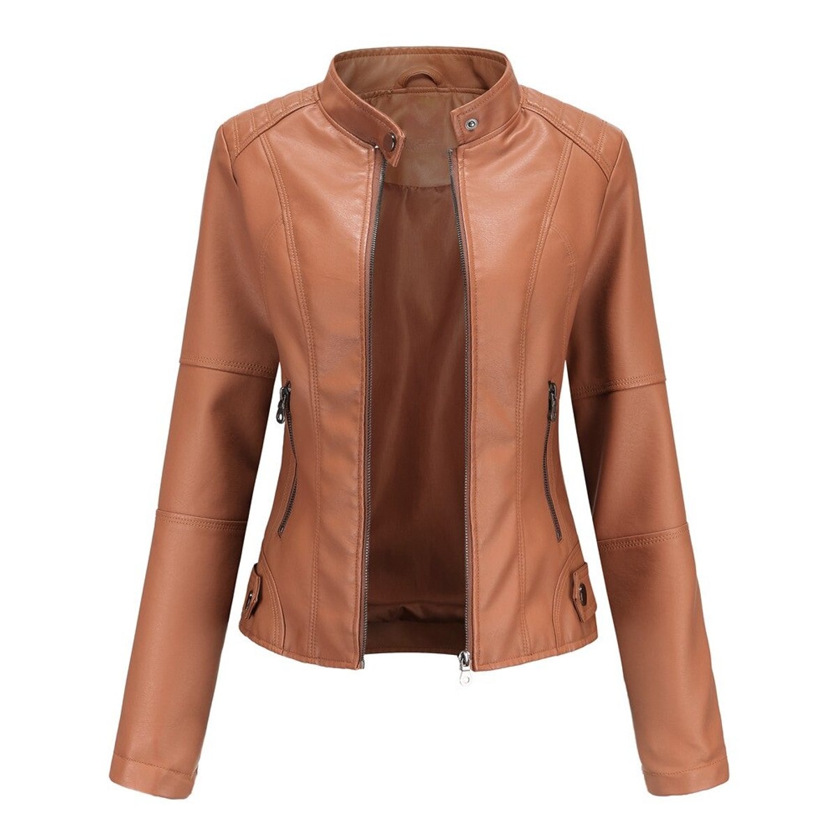 Grace | Women's Fitted Zip-Up Moto Faux Leather Jacket — 5