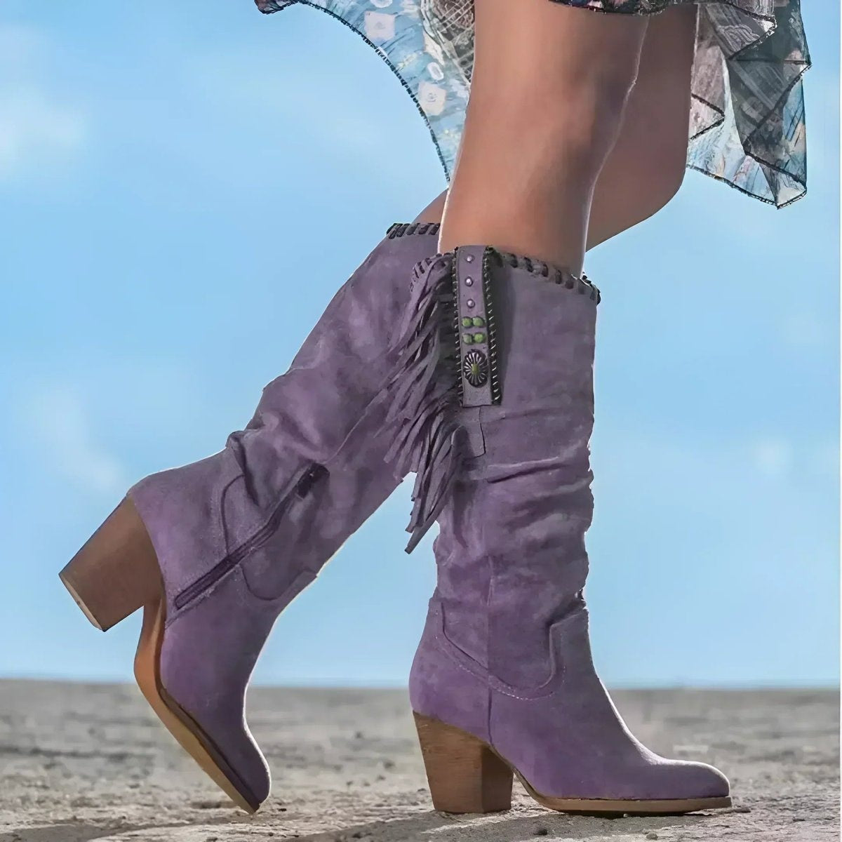 Scarlett | Women's Fringe Suede Western Knee High Boots Block Heel — 2