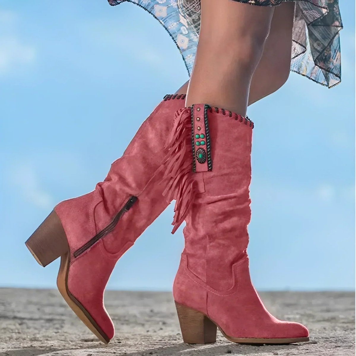 Scarlett | Women's Fringe Suede Western Knee High Boots Block Heel — 4