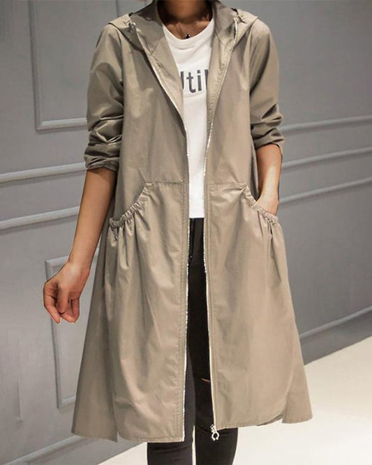 Penelope | Women's Hooded Waterproof Long Trench Coat Zip-Up Relaxed Fit — 1