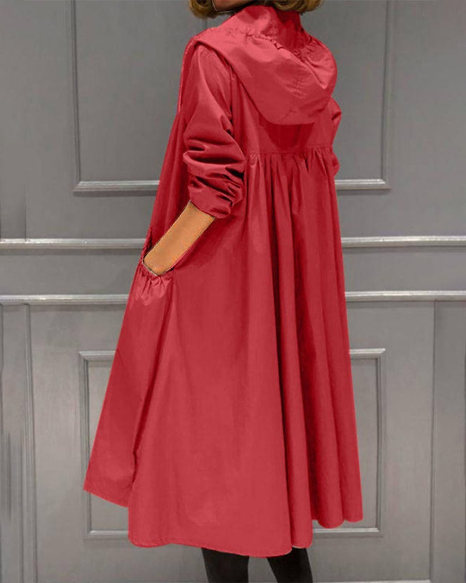 Penelope | Women's Hooded Waterproof Long Trench Coat Zip-Up Relaxed Fit — 3