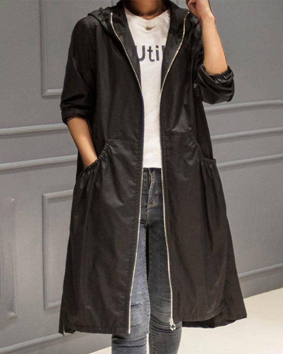 Penelope | Women's Hooded Waterproof Long Trench Coat Zip-Up Relaxed Fit — 4