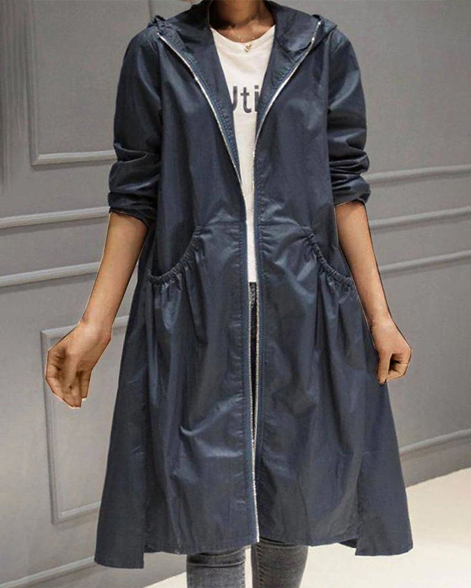Penelope | Women's Hooded Waterproof Long Trench Coat Zip-Up Relaxed Fit — 5