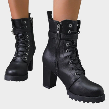 Harper | Women's Lace-Up Block-Heel Combat Ankle Boots Buckle Strap — 3