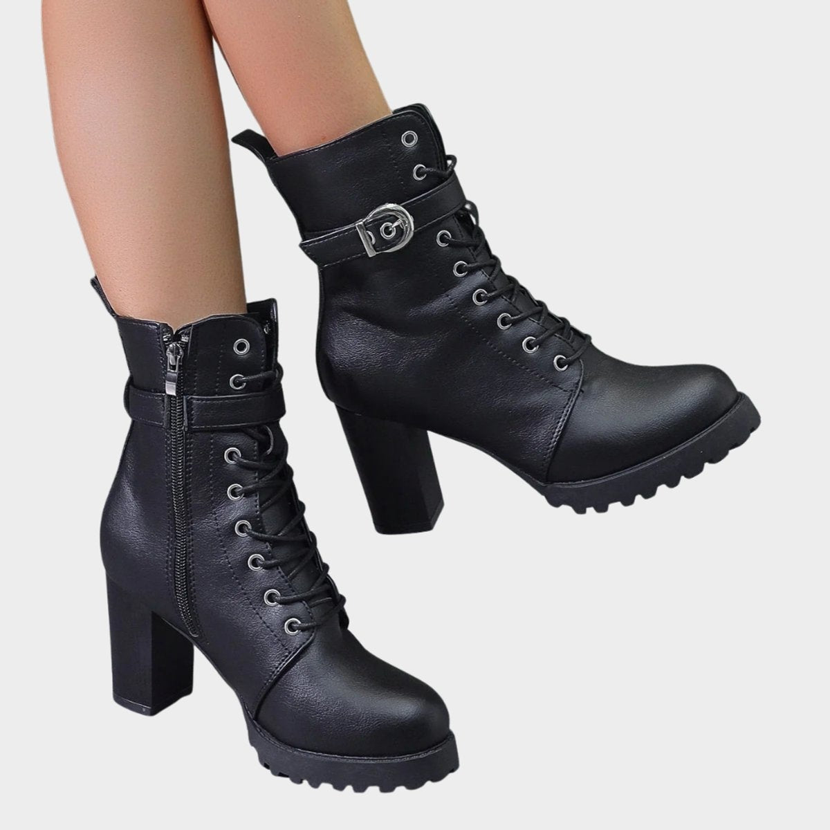 Harper | Women's Lace-Up Block-Heel Combat Ankle Boots Buckle Strap — 4