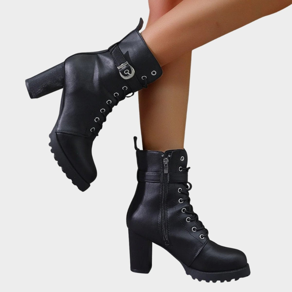Harper | Women's Lace-Up Block-Heel Combat Ankle Boots Buckle Strap — 6