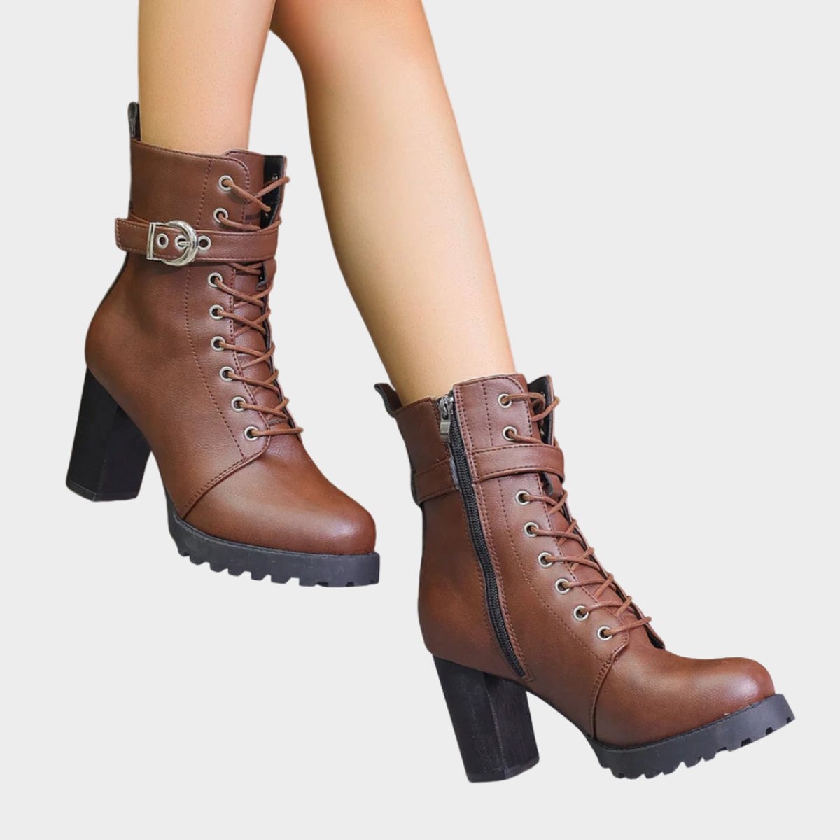 Harper | Women's Lace-Up Block-Heel Combat Ankle Boots Buckle Strap — 7