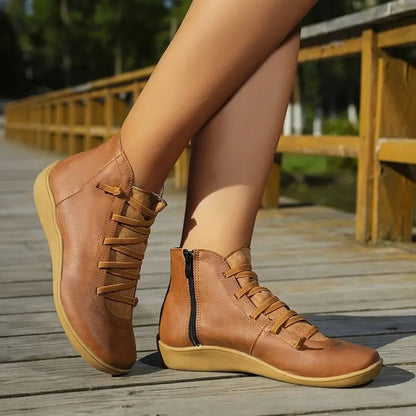 Isabella | Women's Lace-Up Side-Zip Flat Leather ankle boots — 8
