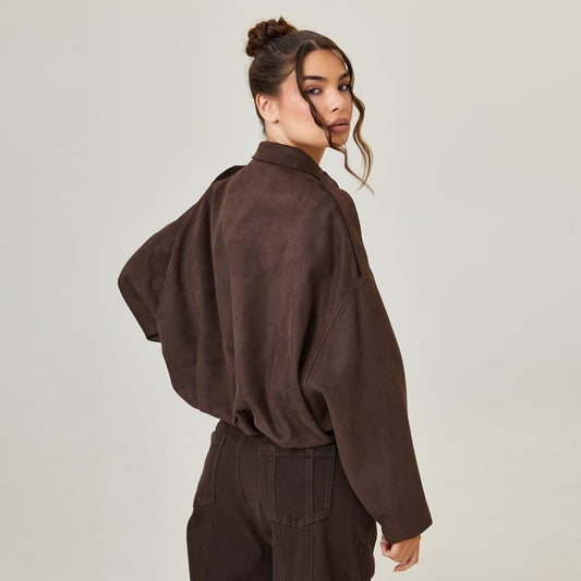 Grace | Women's Oversized Faux Suede Vintage-Inspired Bomber Jacket — 1