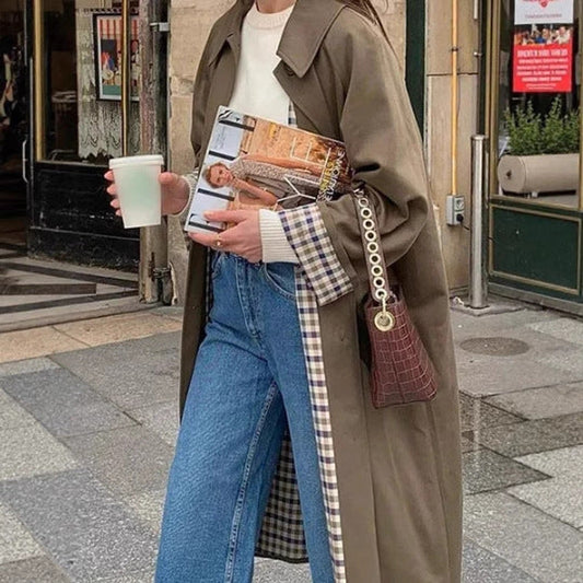 Victoria | Women's Oversized Plaid-Lined Long Trench Coat — 1