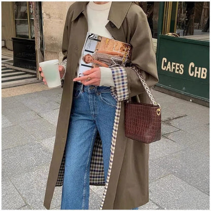 Victoria | Women's Oversized Plaid-Lined Long Trench Coat — 3