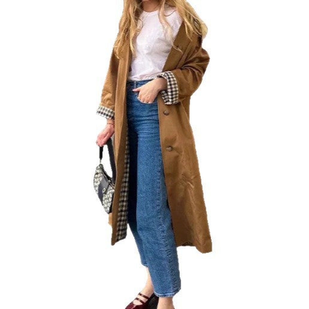 Victoria | Women's Oversized Plaid-Lined Long Trench Coat — 5
