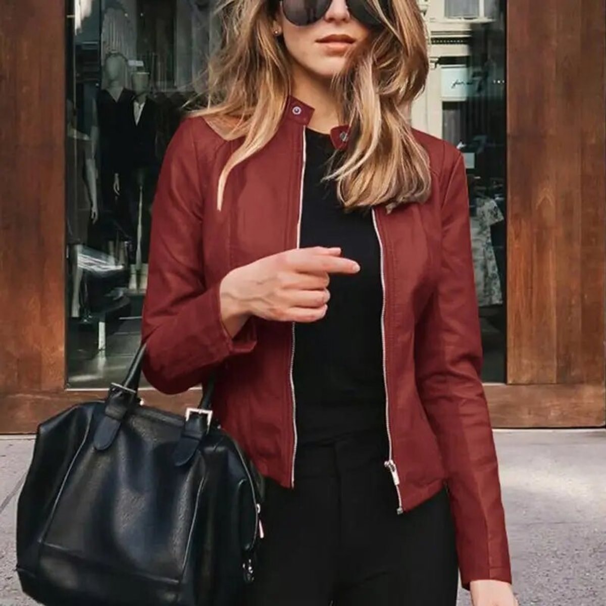 Aria | Women's Slim-Fit Zip-Up Faux Leather Jacket — 12