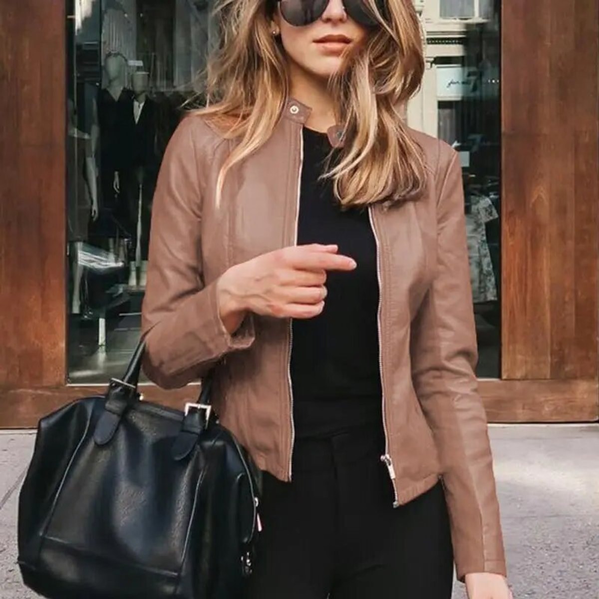 Aria | Women's Slim-Fit Zip-Up Faux Leather Jacket — 1