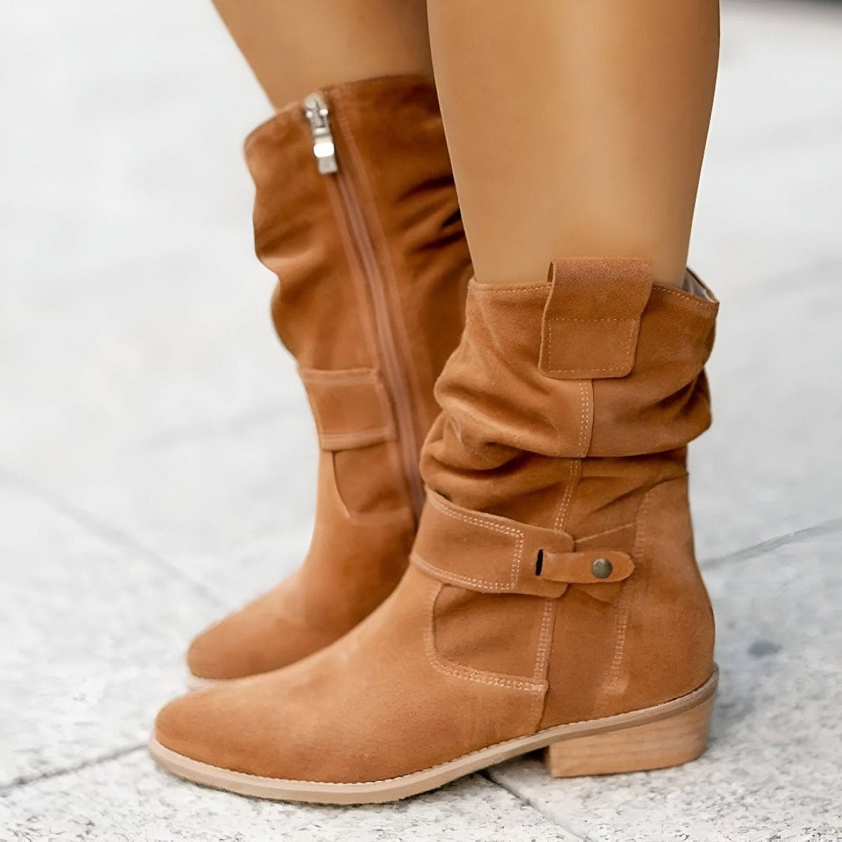 Sophia | Women's Slouchy Faux Suede Mid-Calf Knee High Boots Block Heel — 2