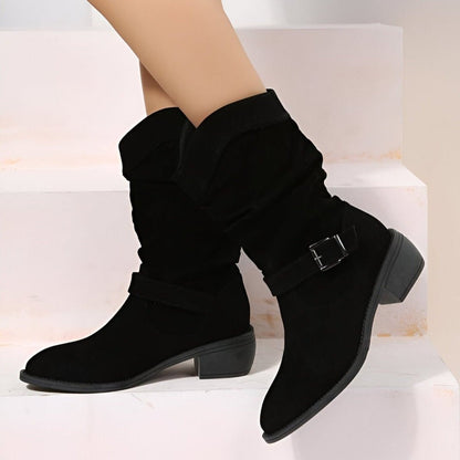 Sophia | Women's Slouchy Faux Suede Mid-Calf Knee High Boots Block Heel — 3