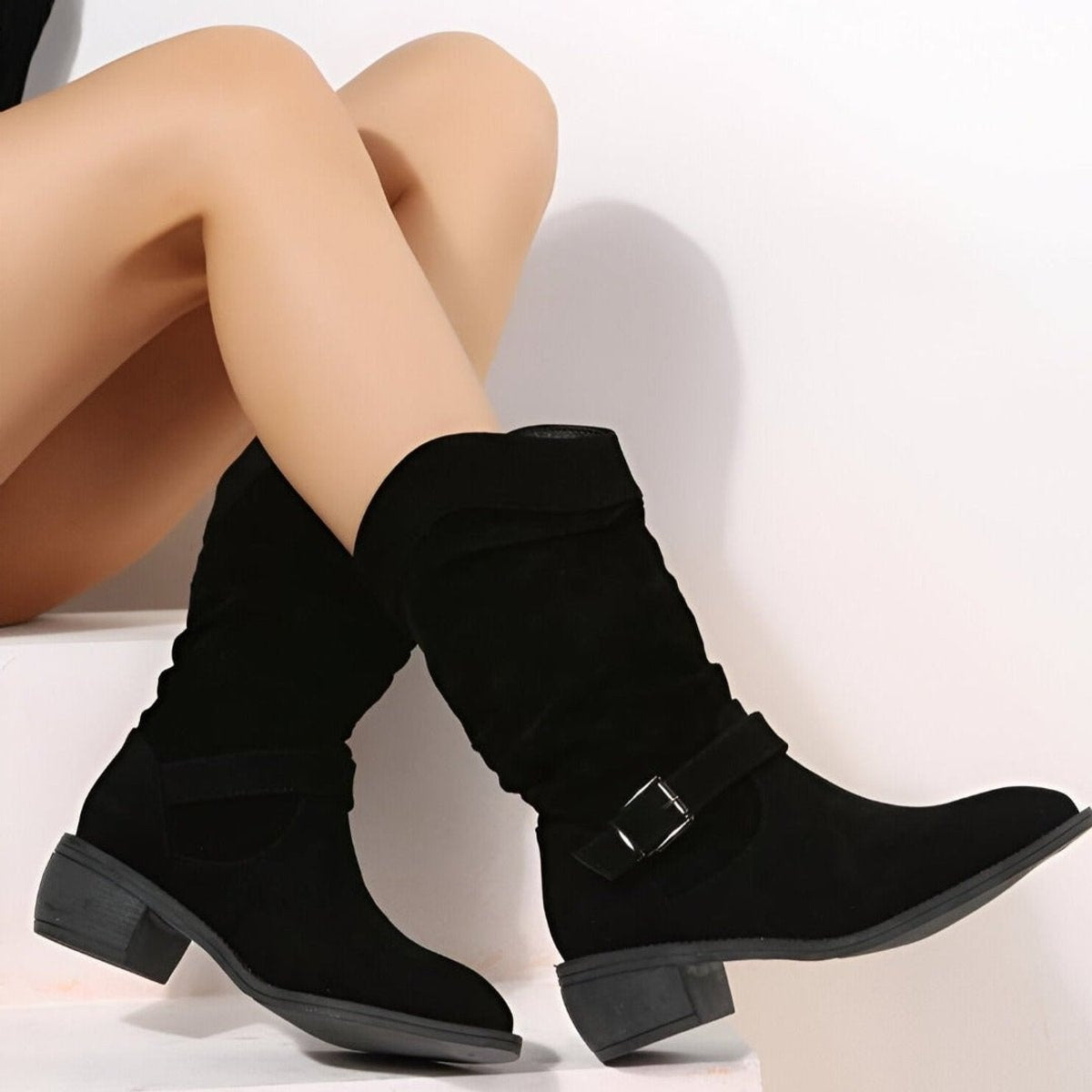 Sophia | Women's Slouchy Faux Suede Mid-Calf Knee High Boots Block Heel — 4