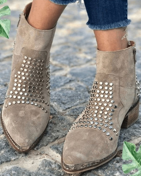 Evelyn | Women's Studded Suede Side-Zip Block-Heel Ankle Boots — 1