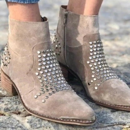 Evelyn | Women's Studded Suede Side-Zip Block-Heel Ankle Boots — 2