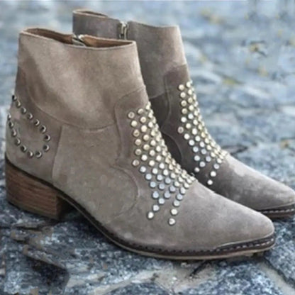 Evelyn | Women's Studded Suede Side-Zip Block-Heel Ankle Boots — 3