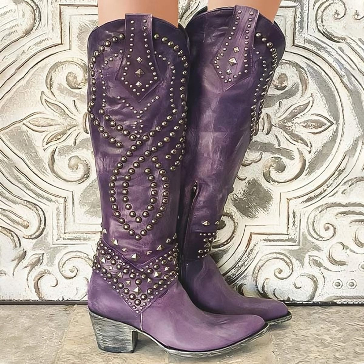 Victoria | Women's Studded Western Knee High Boots Block Heel Pointed Toe — 2