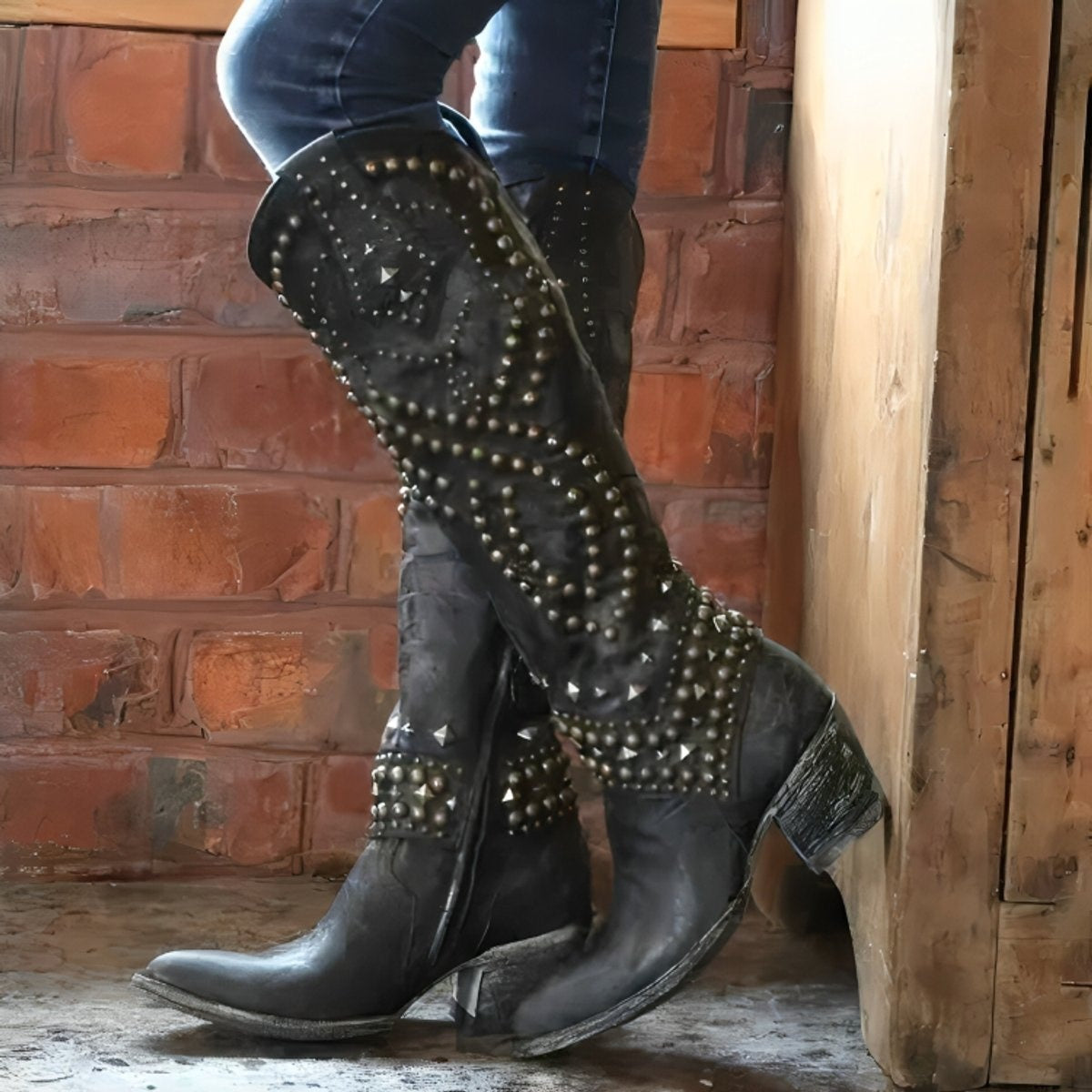 Victoria | Women's Studded Western Knee High Boots Block Heel Pointed Toe — 3