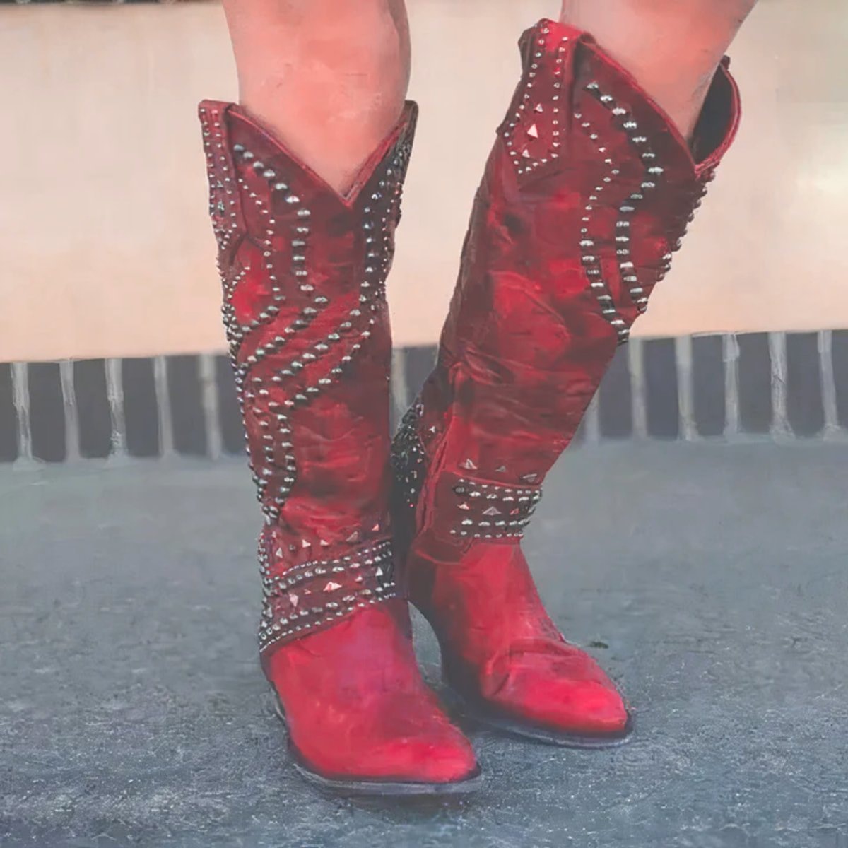 Victoria | Women's Studded Western Knee High Boots Block Heel Pointed Toe — 4