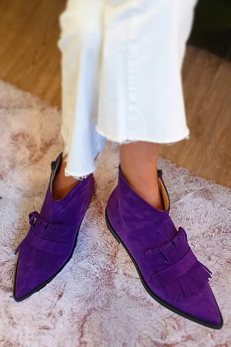Penelope | Women's Suede Pointed-Toe Fringe Flat Ankle Boots — 1
