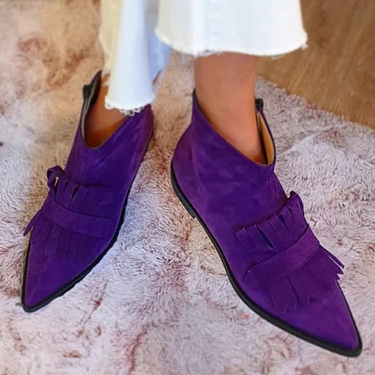 Penelope | Women's Suede Pointed-Toe Fringe Flat Ankle Boots — 2