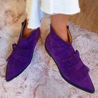 Penelope | Women's Suede Pointed-Toe Fringe Flat Ankle Boots — 2