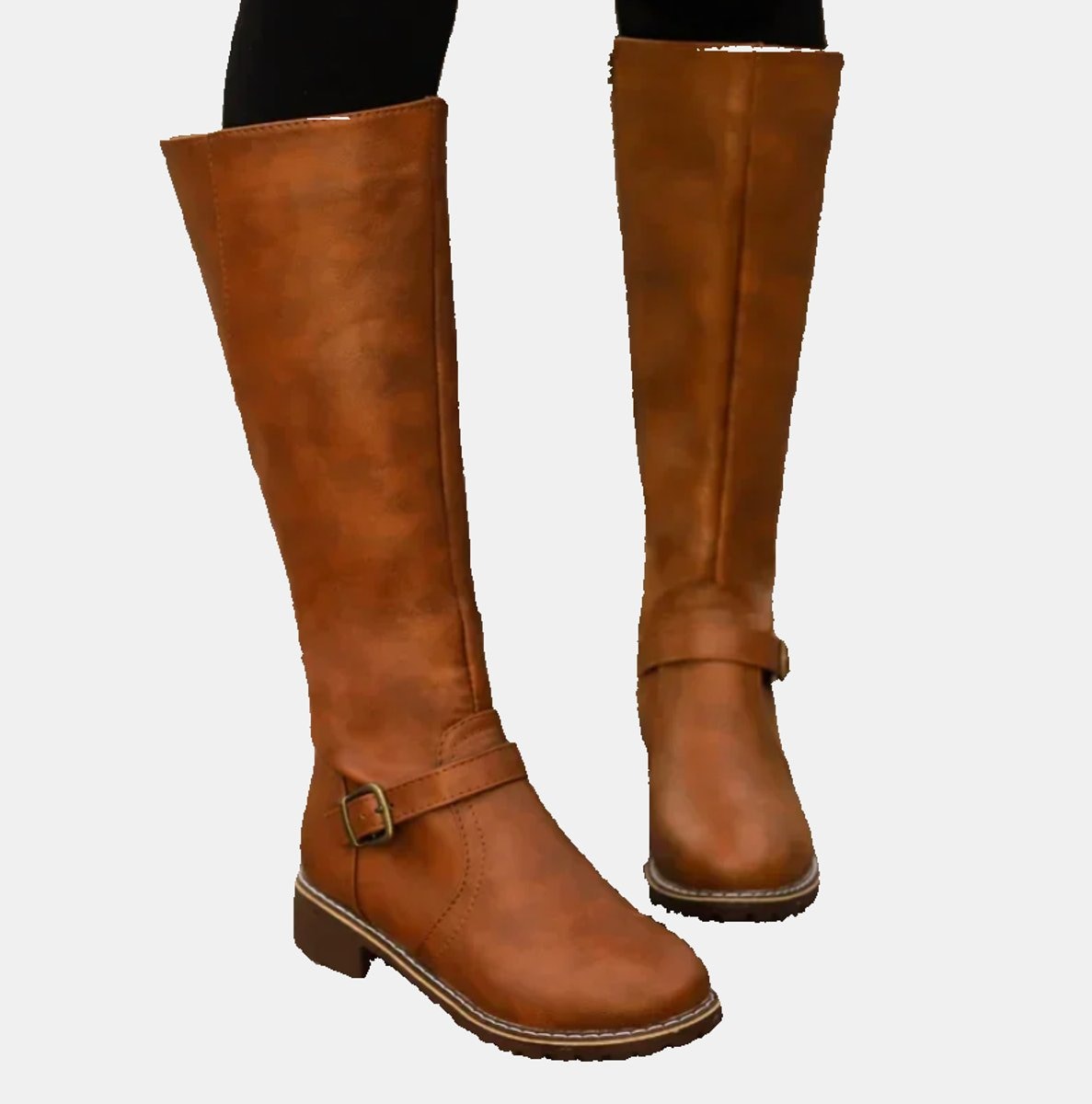 Charlotte | Women's Tall Riding Knee High Boots Buckle Strap Low Heel — 2