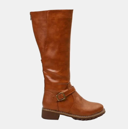 Charlotte | Women's Tall Riding Knee High Boots Buckle Strap Low Heel — 1
