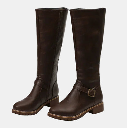 Charlotte | Women's Tall Riding Knee High Boots Buckle Strap Low Heel — 5