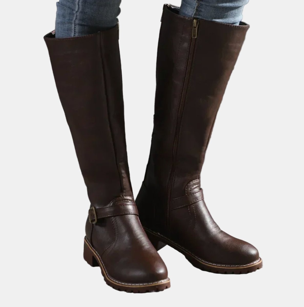 Charlotte | Women's Tall Riding Knee High Boots Buckle Strap Low Heel — 6