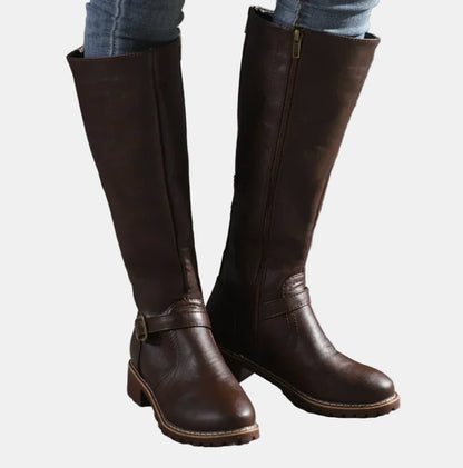 Charlotte | Women's Tall Riding Knee High Boots Buckle Strap Low Heel — 6