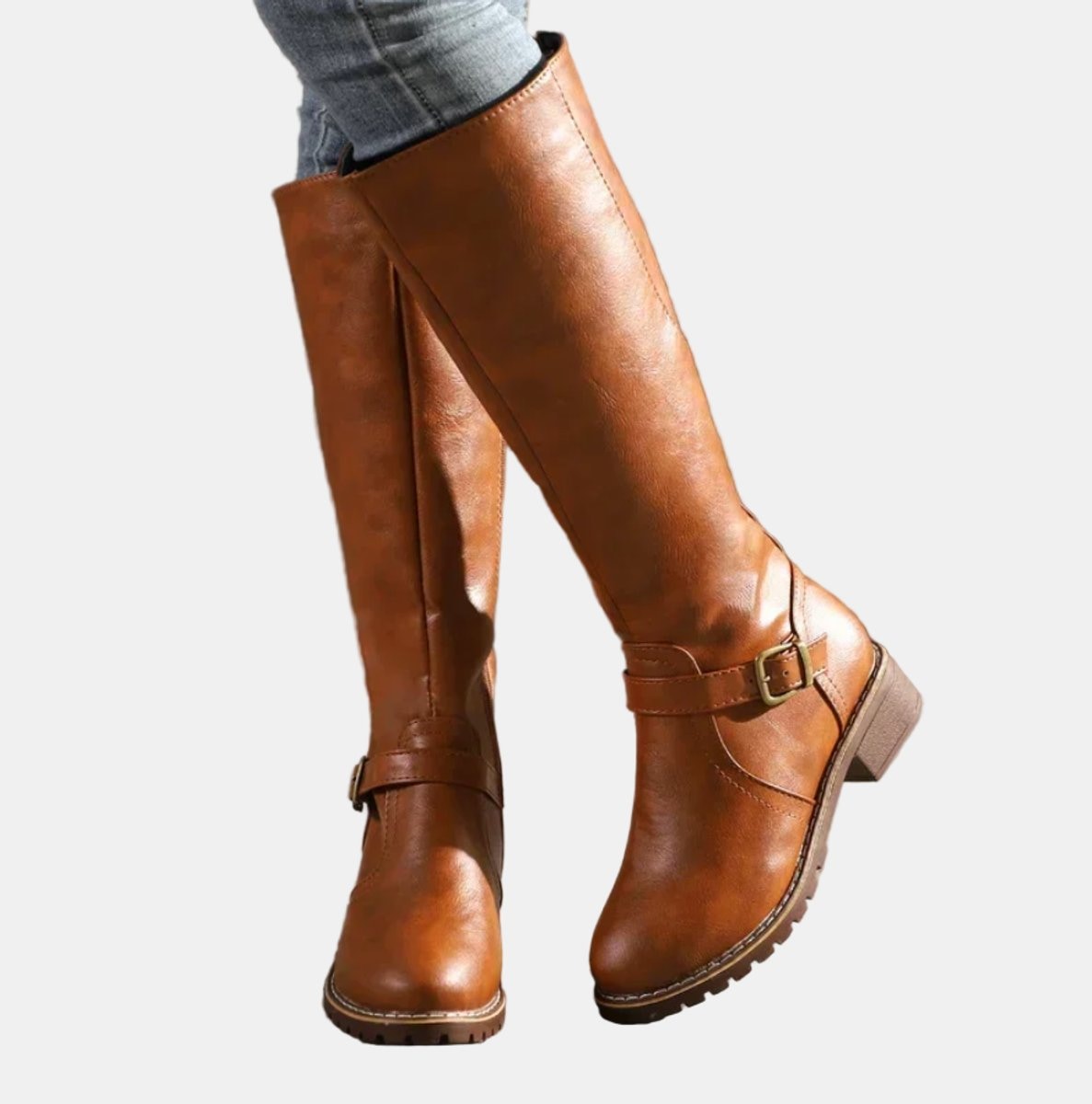 Charlotte | Women's Tall Riding Knee High Boots Buckle Strap Low Heel — 7