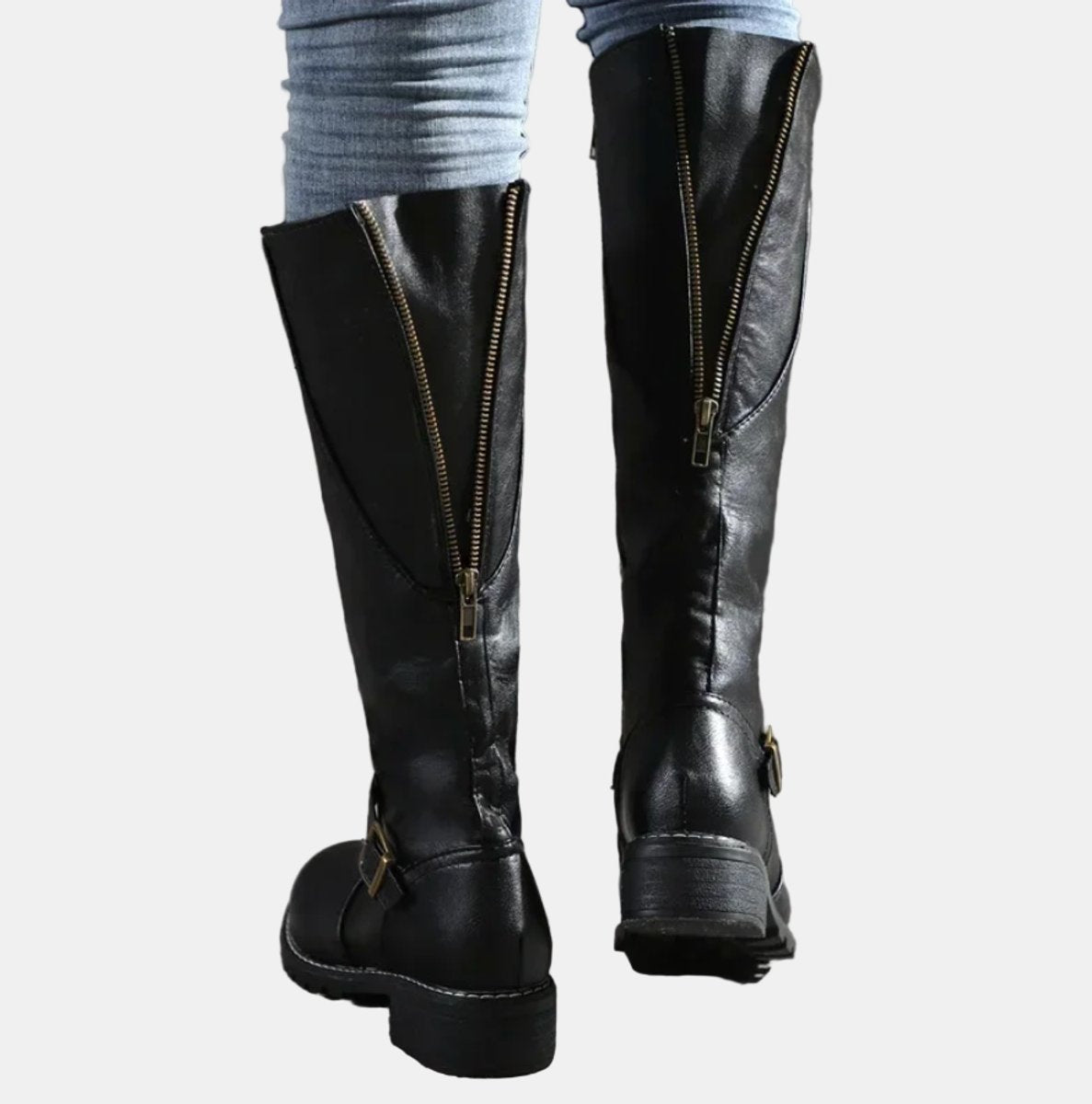 Charlotte | Women's Tall Riding Knee High Boots Buckle Strap Low Heel — 8