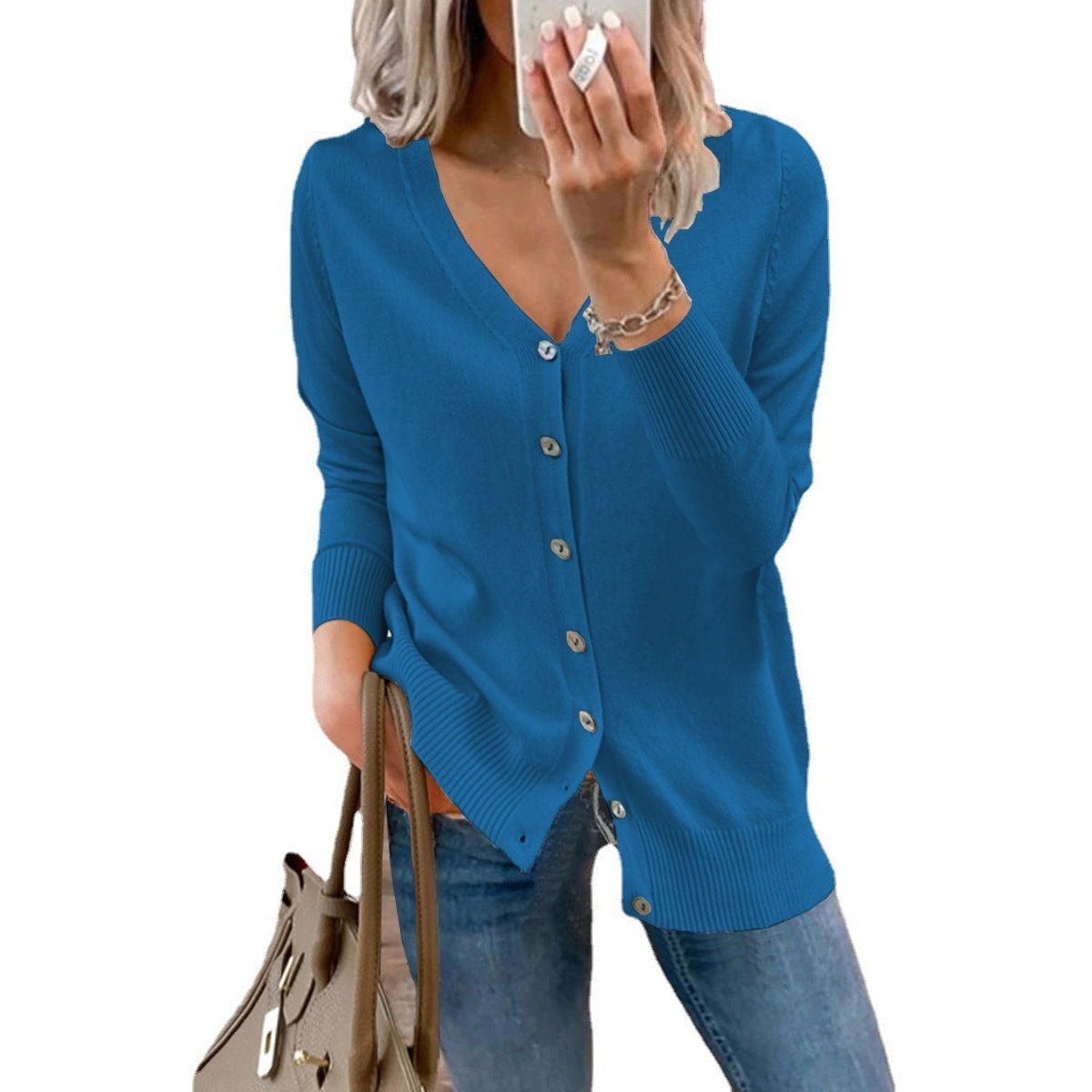 Sophia | Women's V-Neck Button-Front Long Sleeve Knit Cardigan — 16