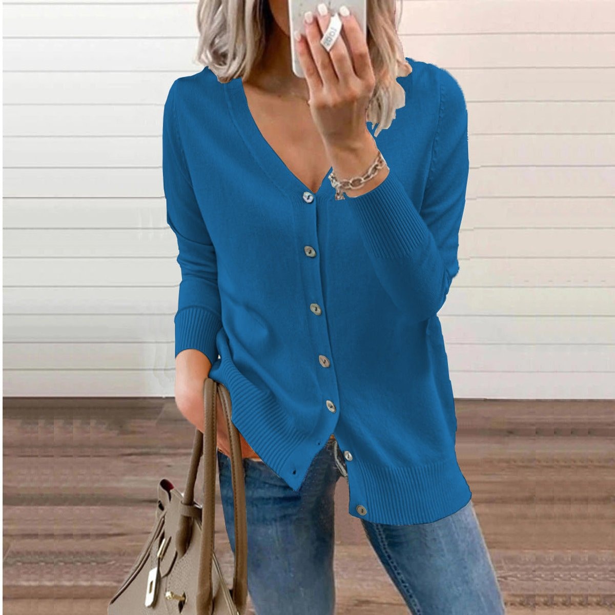 Sophia | Women's V-Neck Button-Front Long Sleeve Knit Cardigan — 1