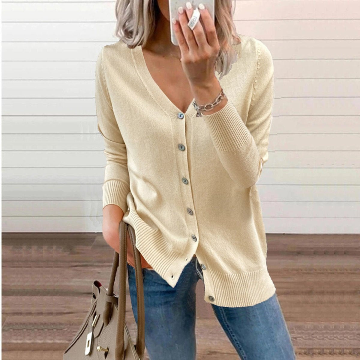 Sophia | Women's V-Neck Button-Front Long Sleeve Knit Cardigan — 2
