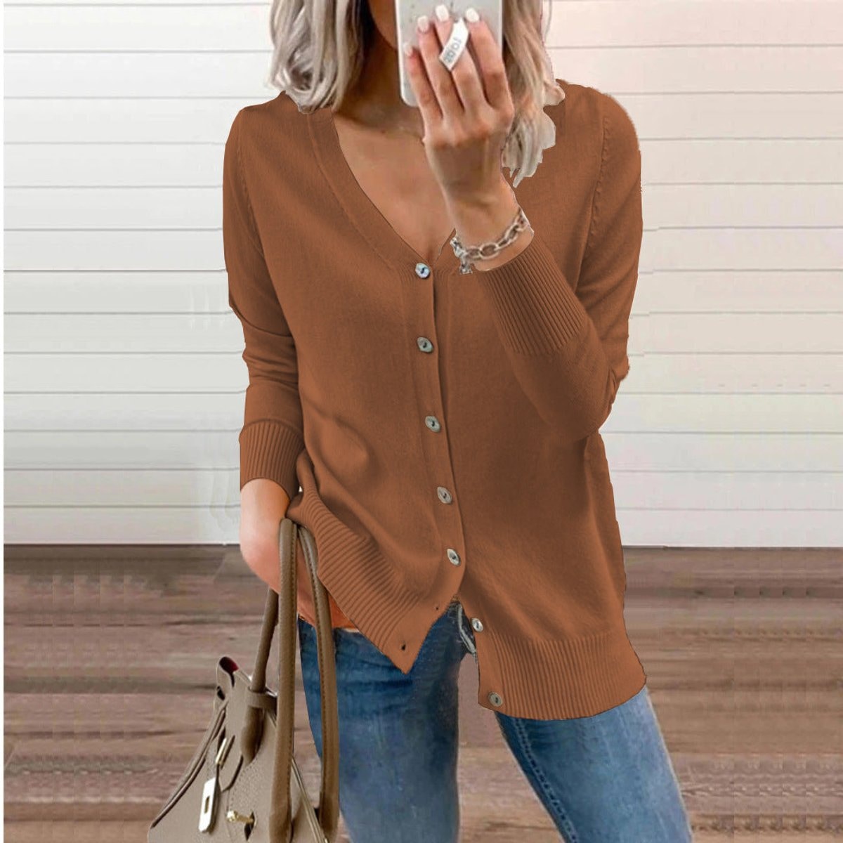 Sophia | Women's V-Neck Button-Front Long Sleeve Knit Cardigan — 3