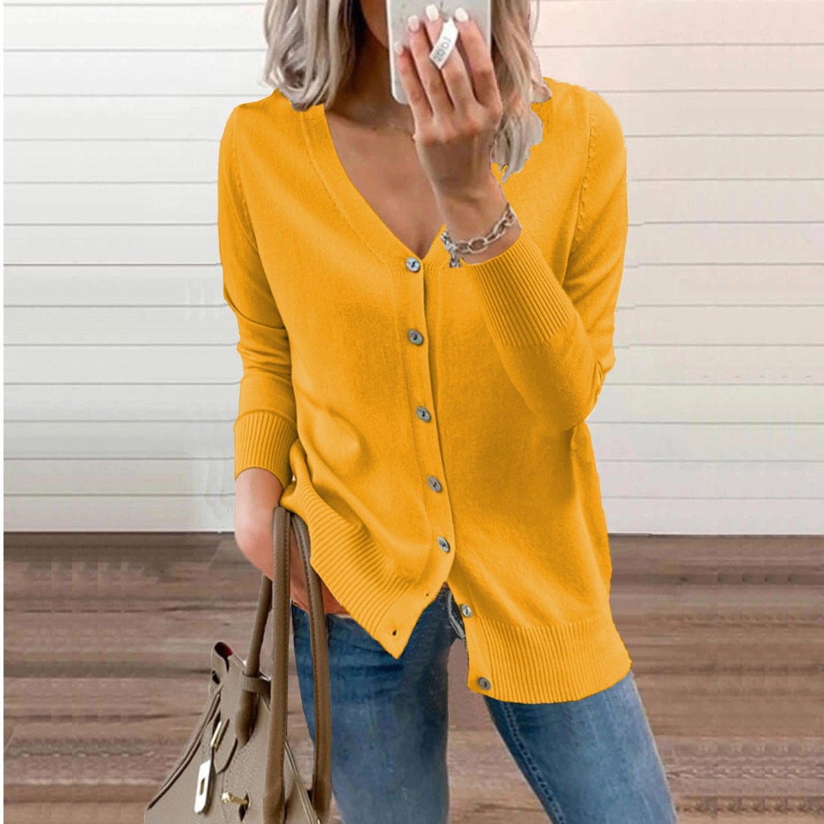 Sophia | Women's V-Neck Button-Front Long Sleeve Knit Cardigan — 4