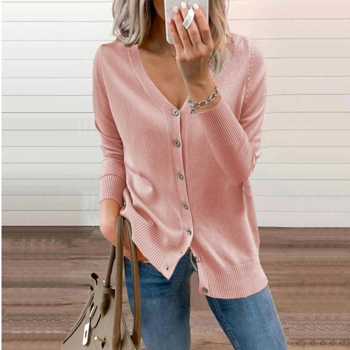 Sophia | Women's V-Neck Button-Front Long Sleeve Knit Cardigan — 5