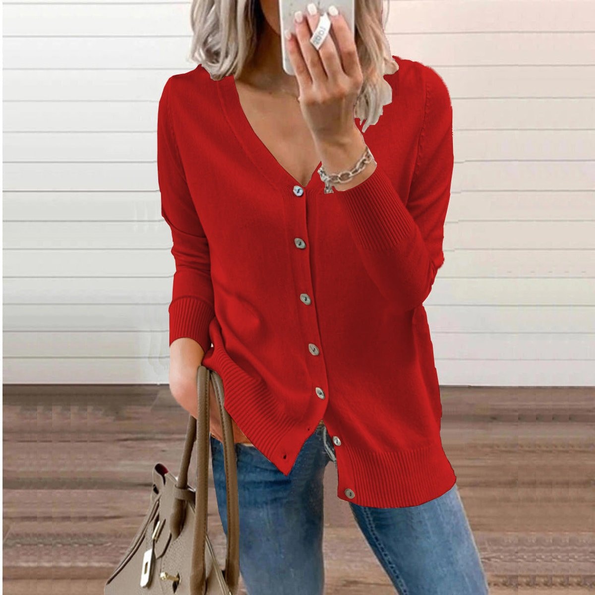 Sophia | Women's V-Neck Button-Front Long Sleeve Knit Cardigan — 6