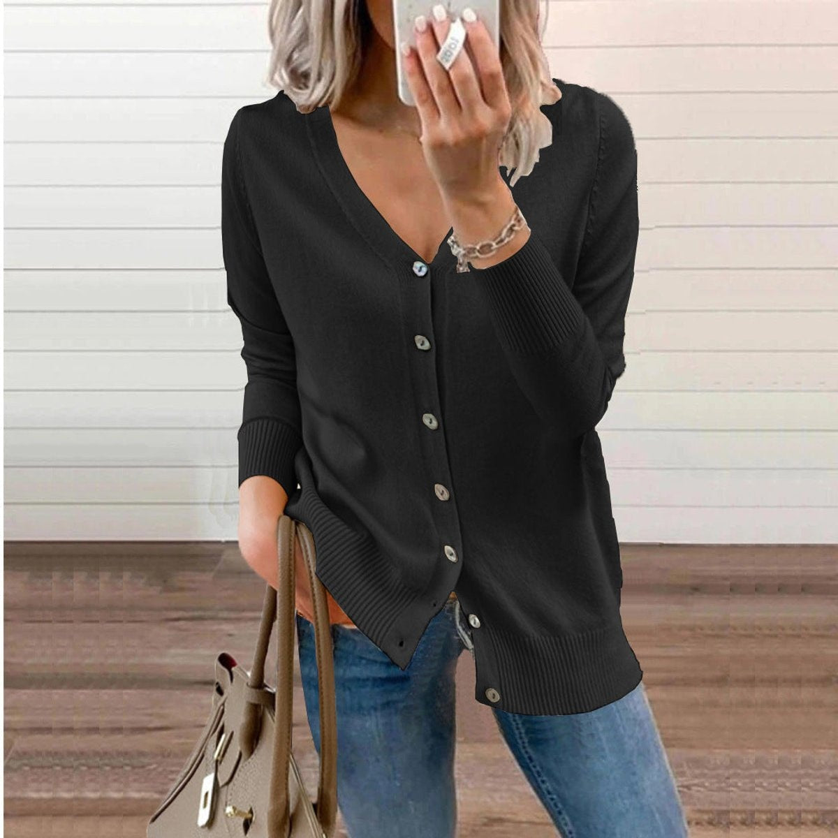 Sophia | Women's V-Neck Button-Front Long Sleeve Knit Cardigan — 7